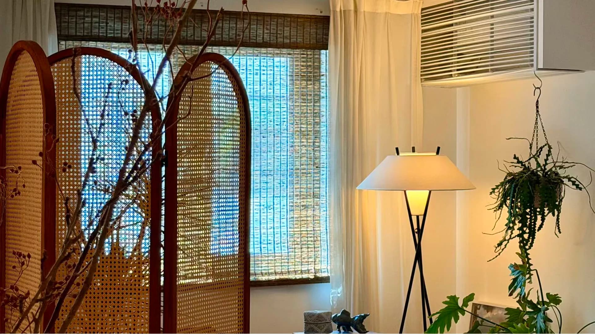 The bamboo shade lowered over the window behind a cane screen, daylight coming through the reeds